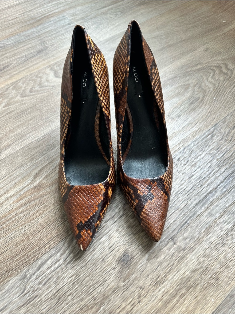 Aldo Snakeskin Print Pointed Toe Stiletto Heels Women’s Size 7.5 Brown Pumps - Picture 6 of 12